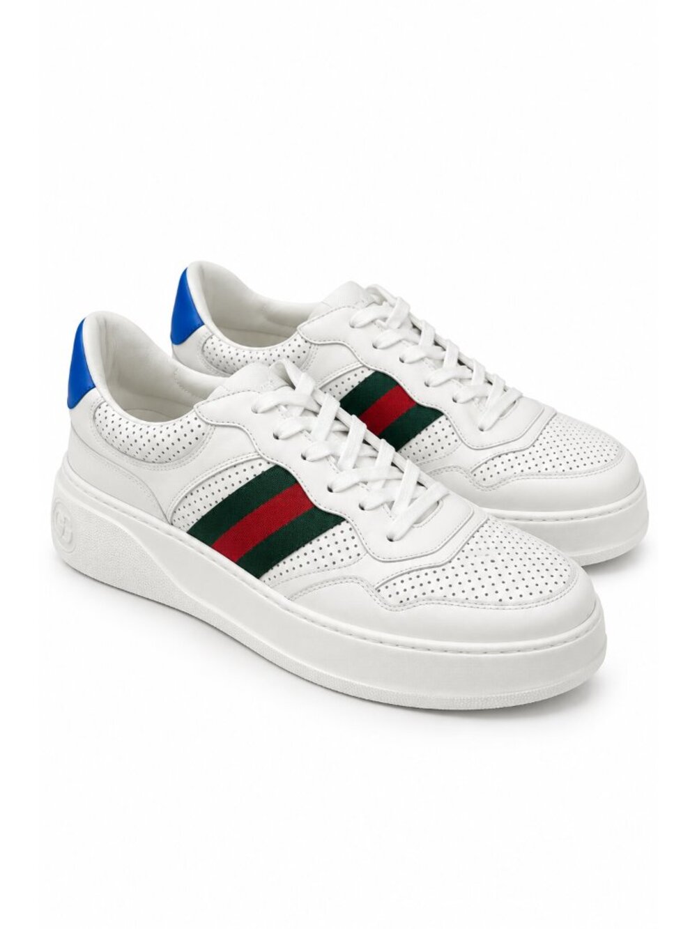 NEW GUCCI Chunky Web White Leather Sneakers Shoes Stripe Blue Mens 12  US 12.5